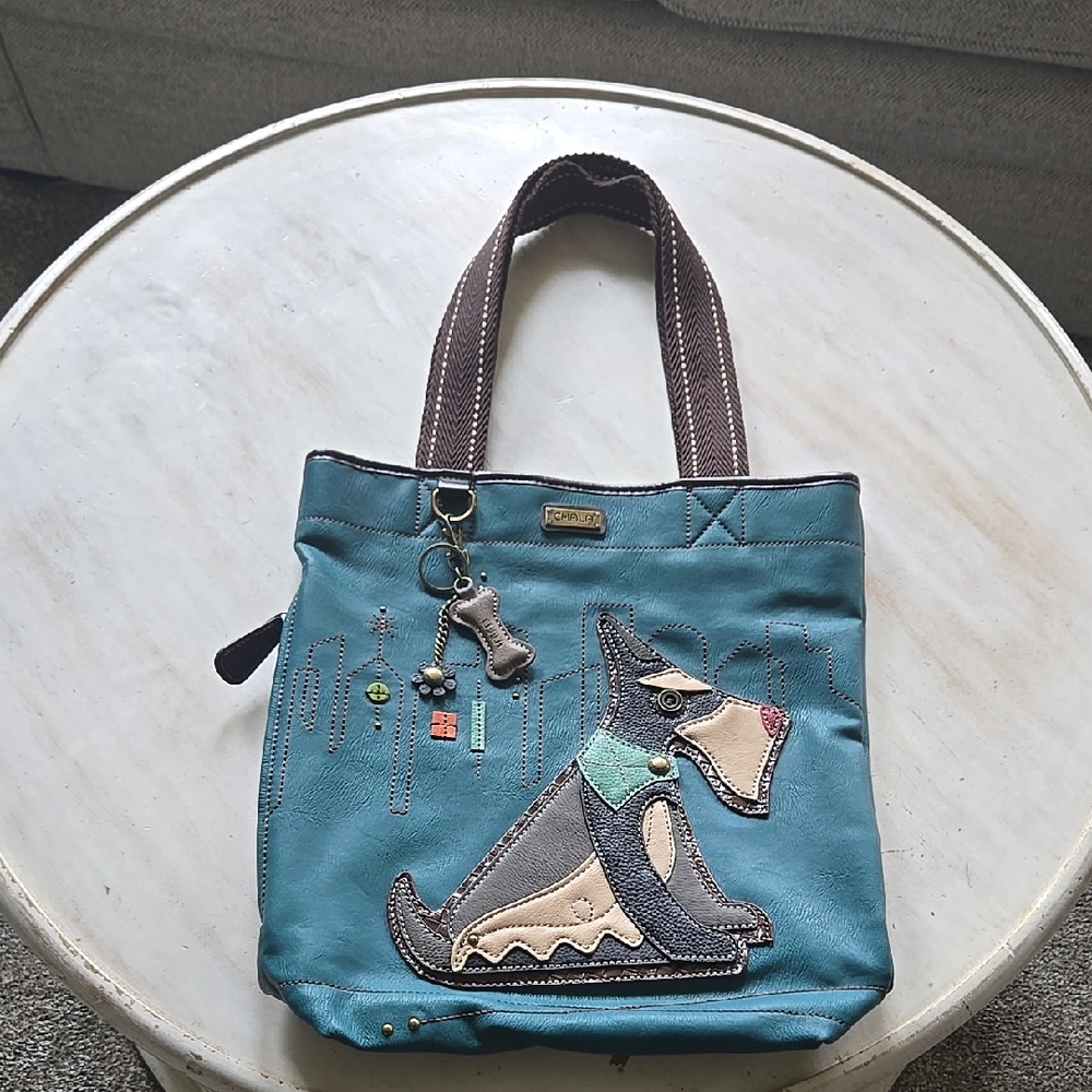 Like New Chala Teal Blue Schnauzer Tote with Brown Handles